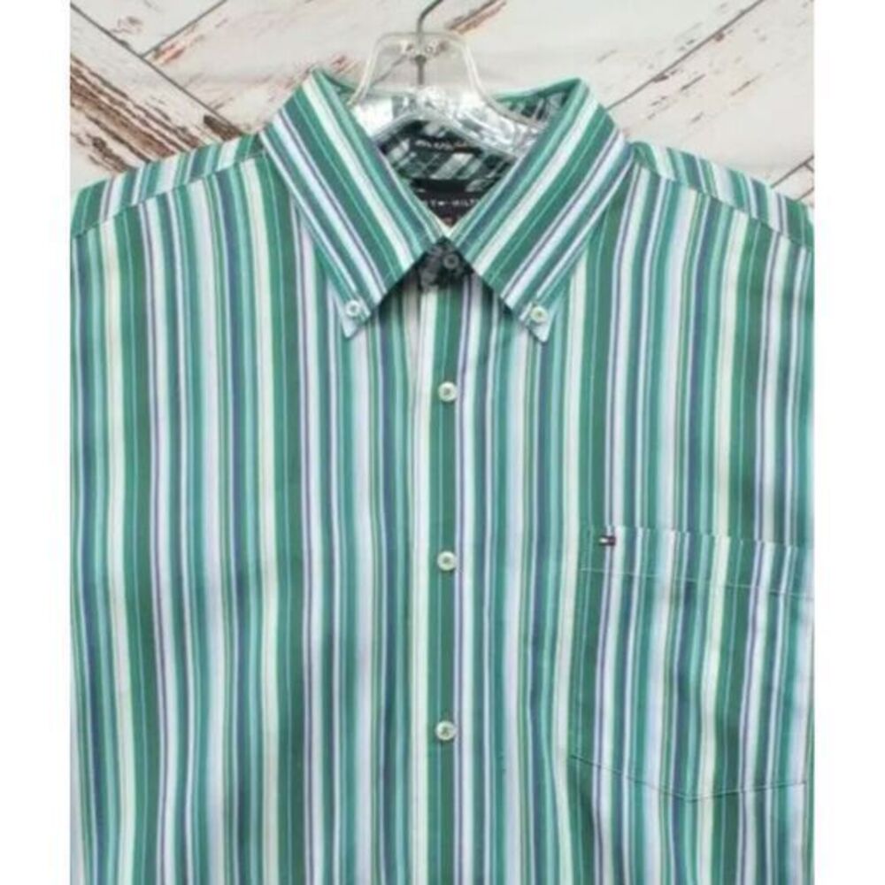 Tommy Hilfiger Shirt Mens L Green Striped Flip Cuff 2 Ply Fabric Button Down Y2K